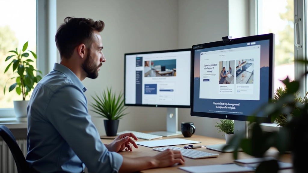 Designer profissional analisando diferentes composições de hero sections em monitor moderno